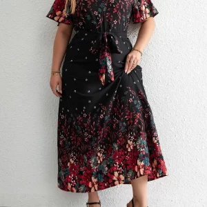 Plus Size Casual V-Neck Short-Sleeve Floral Print Long Dress