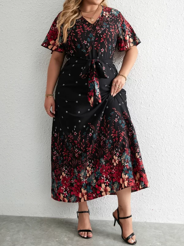 Plus Size Casual V-Neck Short-Sleeve Floral Print Long Dress