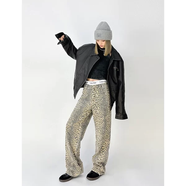 American Retro Casual Leopard Print Loose Wide Leg Pants