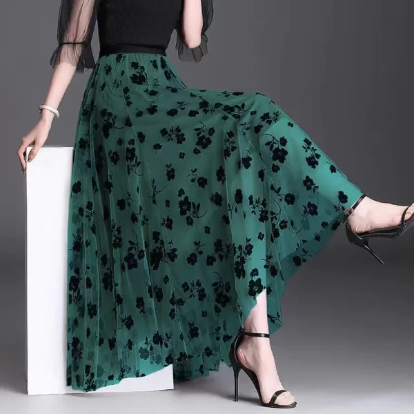 Elastic High-Waist Elegant A-Line Mesh Floral Skirt