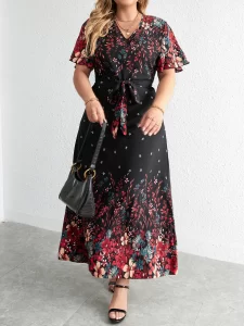 Plus-Size Casual V-Neck Short-Sleeve Floral Print Long Dress