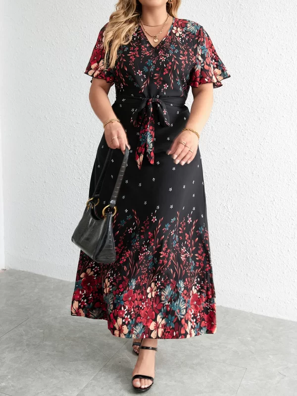 Plus Size Casual V-Neck Short-Sleeve Floral Print Long Dress