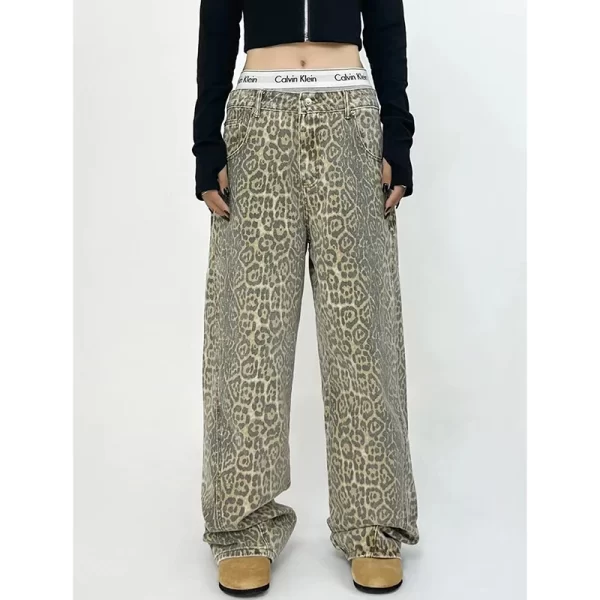 American Retro Casual Leopard Print Loose Wide Leg Pants