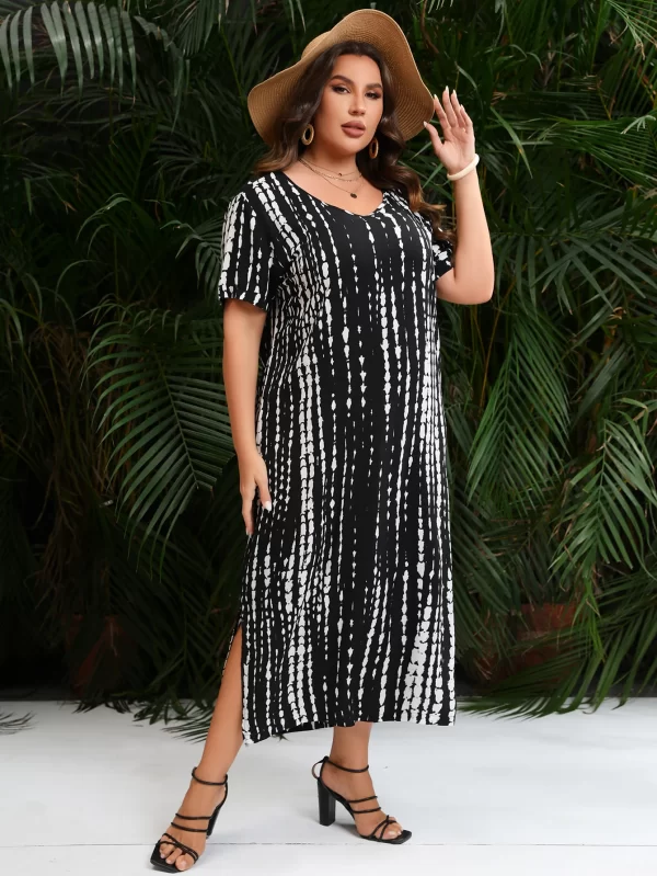 Plus Size V-Neck Short Sleeve Striped Print Casual Maxi Dress