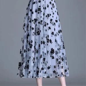 Elastic High-Waist Elegant A-Line Mesh Floral Skirt