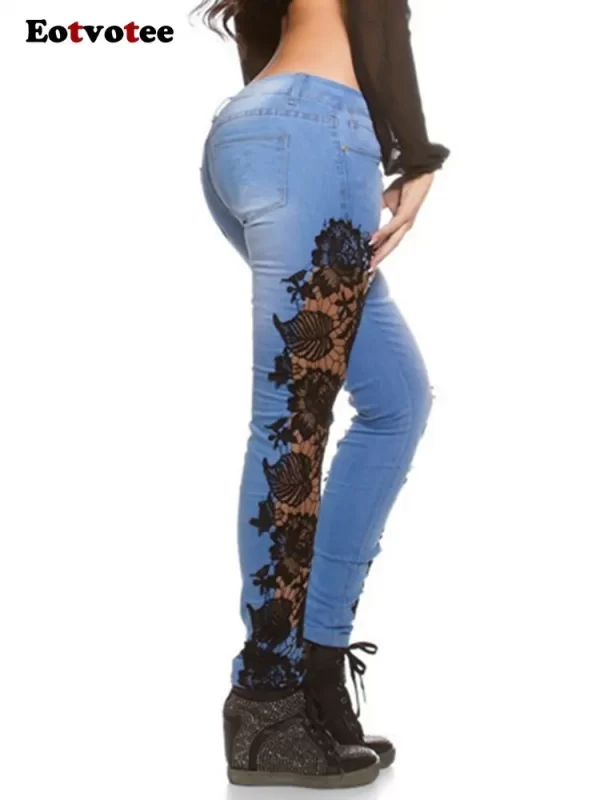 Women's Lace Spliced Hollow-Out Blue Jeans