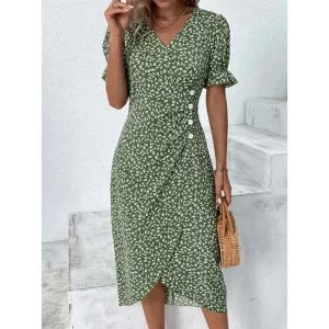 Floral Pleated H-Shaped V-Neck Puff Sleeve Midi Dress