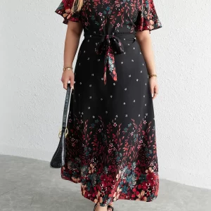 Plus Size Casual V-Neck Short-Sleeve Floral Print Long Dress