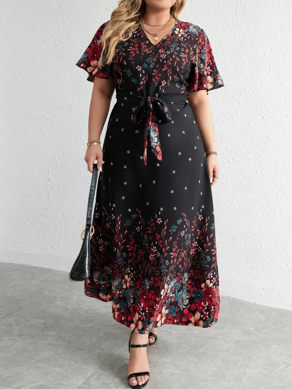 Plus Size Casual V-Neck Short-Sleeve Floral Print Long Dress