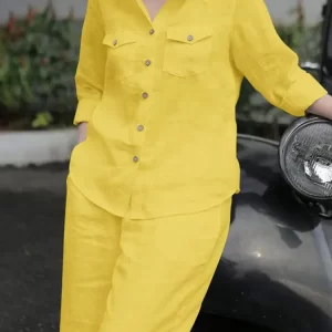 Women’s Elegant Lapel Neck Long Sleeve Shirt Pants Set