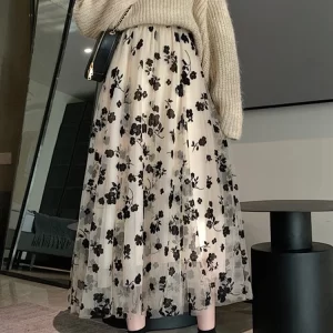 Elastic High-Waist Elegant A-Line Mesh Floral Skirt