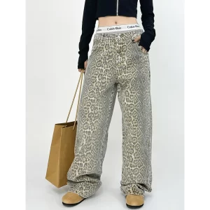 American Retro Casual Leopard Print Loose Wide Leg Pants