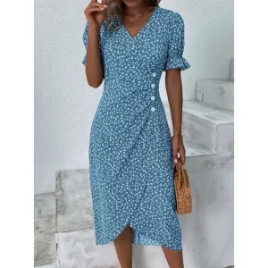 Floral Pleated H-Shaped V-Neck Puff Sleeve Midi Dress