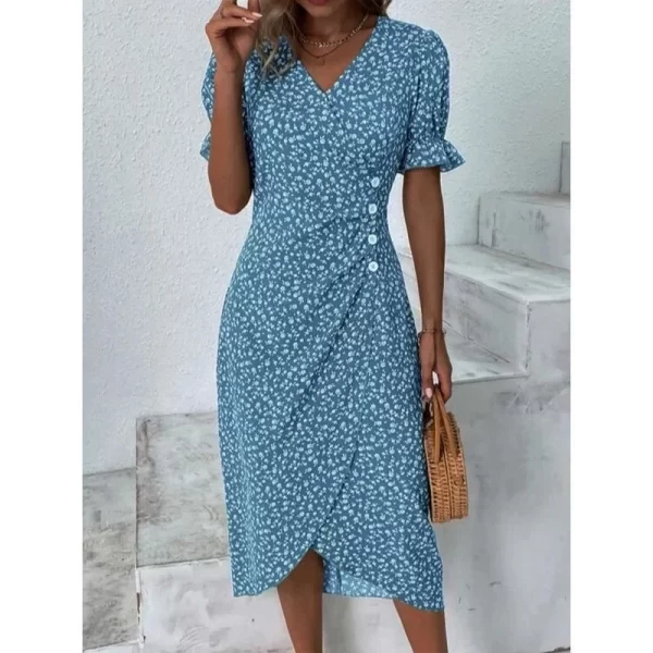 Elegant Floral Pleated H-Shaped V-Neck Puff Sleeve Midi Dress