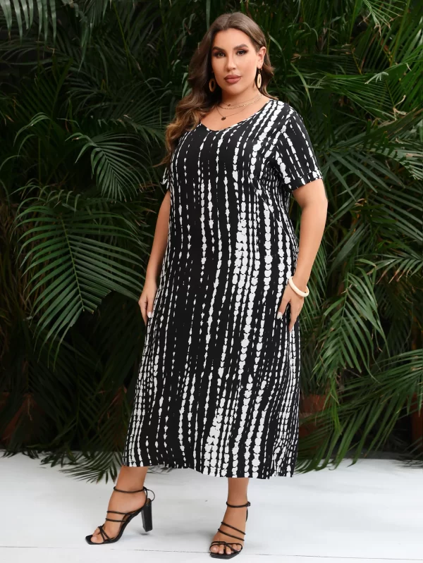 Plus Size V-Neck Short Sleeve Striped Print Casual Maxi Dress