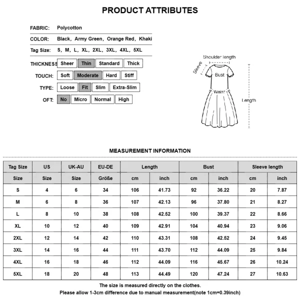 Women's Casual Plus Size Cotton Linen Knee Length Dress Size Chart