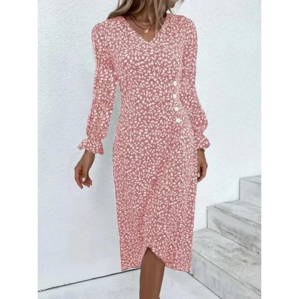 Elegant Floral Pleated H-Shaped V-Neck Puff Sleeve Midi Dress