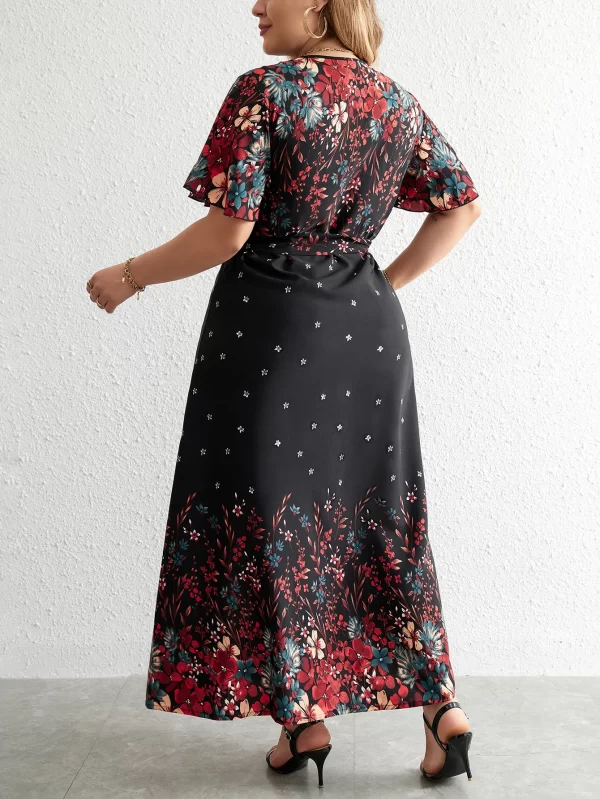 Plus Size Casual V-Neck Short-Sleeve Floral Print Long Dress