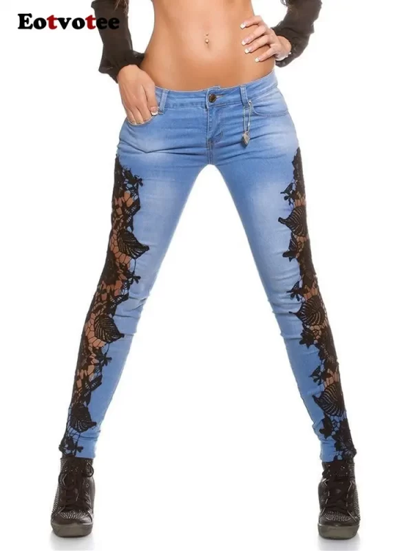 Women's Lace Spliced Hollow-Out Blue Jeans