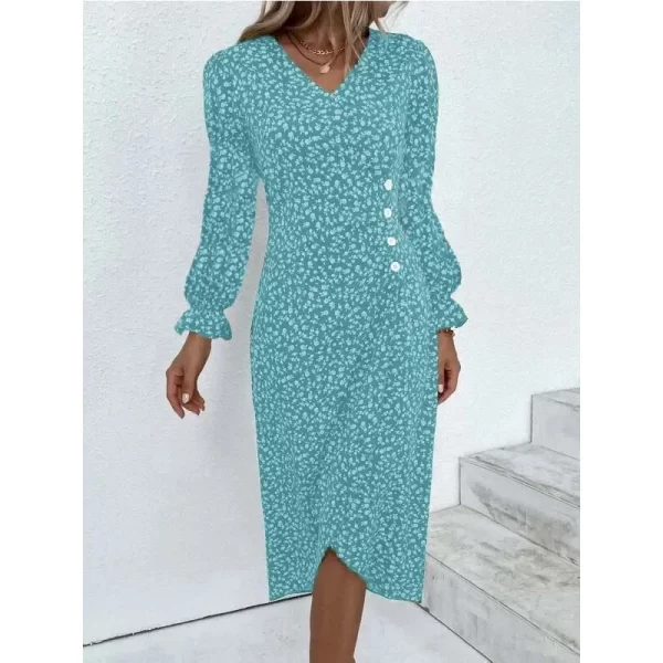 Elegant Floral Pleated H-Shaped V-Neck Puff Sleeve Midi Dress