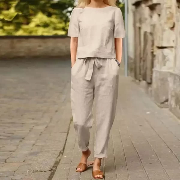 Round Neck Short Sleeve Top High-Waist Wide Leg Pants 2 Pce