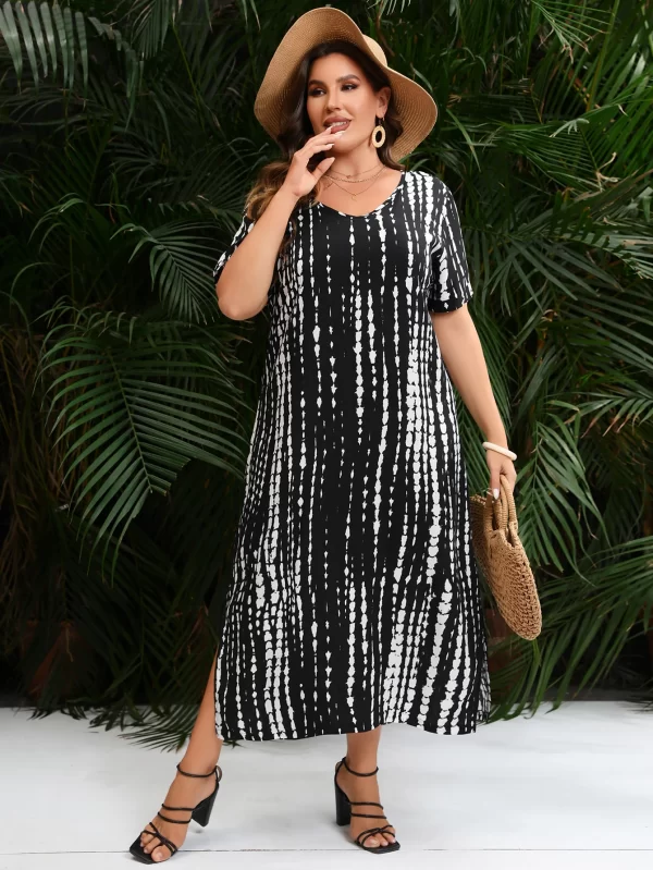 Plus Size V-Neck Short Sleeve Striped Print Casual Maxi Dress