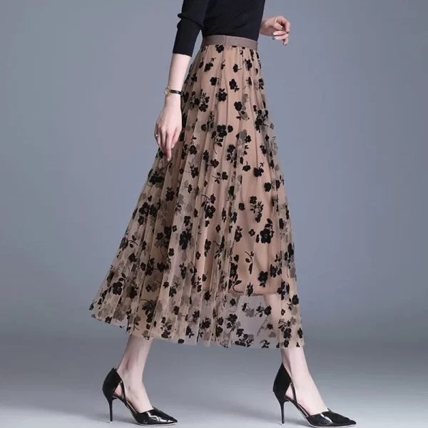 Elastic High-Waist Elegant A-Line Mesh Floral Skirt