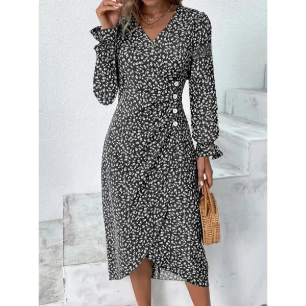 Elegant Floral Pleated H-Shaped V-Neck Puff Sleeve Midi Dress