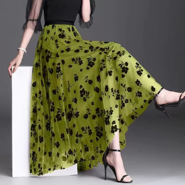 Elastic High-Waist Elegant A-Line Mesh Floral Skirt