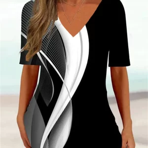 Women’s 3d Curve Wave V-Neck Short Sleeve Loose T-Shirt