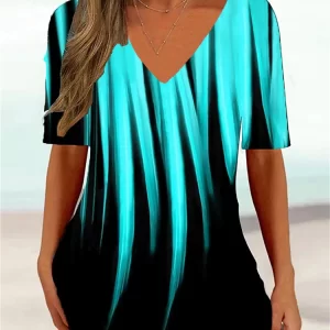Women’s 3d Curve Wave V-Neck Short Sleeve Loose T-Shirt