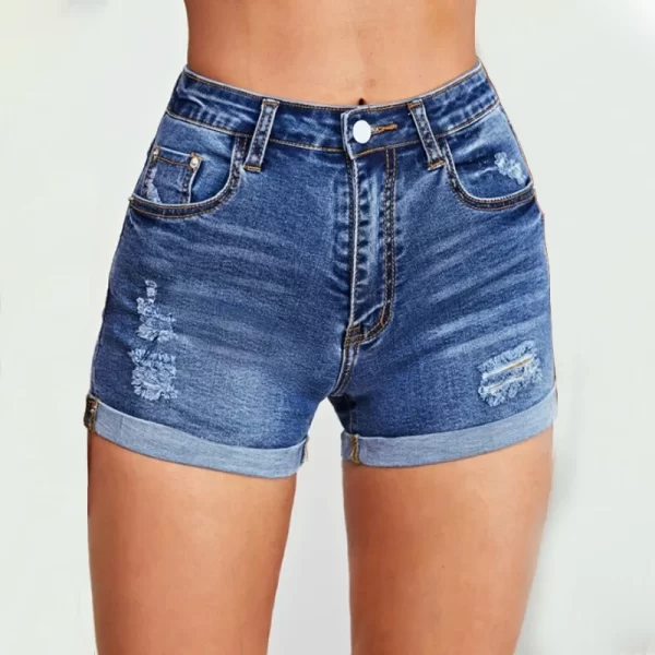 Women's Slim Fit Elastic Tight High-Waist Ripped Denim Shorts