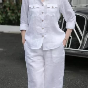 Women’s Elegant Lapel Neck Long Sleeve Shirt Pants Set