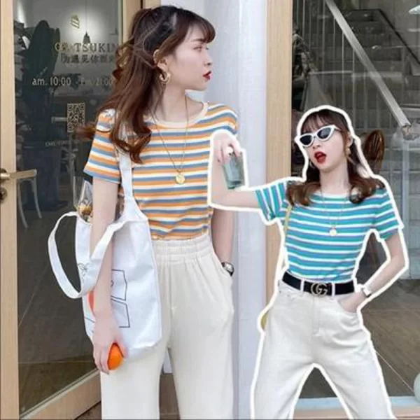 Striped Crewneck Short-Sleeve T-Shirt for Women