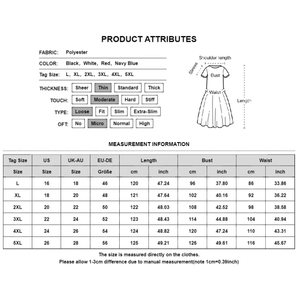 Plus Size Woman's Short Sleeve Oversized Long Loose Dress Size Chart