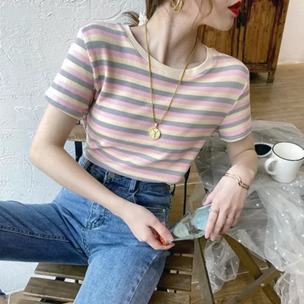 Striped Crewneck Short-Sleeve T-Shirt for Women