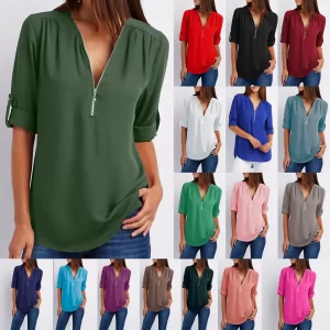 Women’s Cool Loose Deep V-Neck Chiffon Casual Blouse