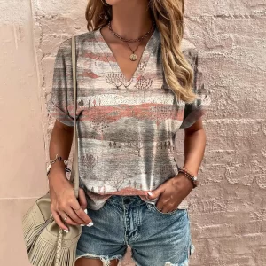 Women’s V-Neck Short Sleeve Casual Stripe Print T-Shirt