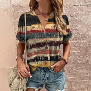 Women’s V-Neck Short Sleeve Casual Stripe Print T-Shirt