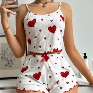 Women’s Heart Print Tank Tops and Shorts Pajamas Set