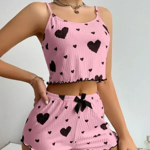 Women's Heart Print Tank Tops and Shorts Pajamas Set