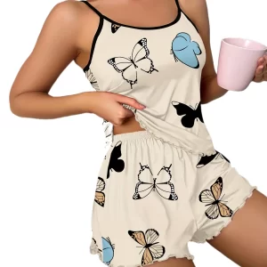 Cami Top Elastic Waistband Shorts Butterfly Print Pajama Set