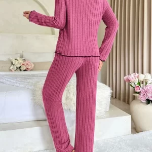 Women’s Ribbed Long Sleeve Long Pants 2-Pce Pajamas Set