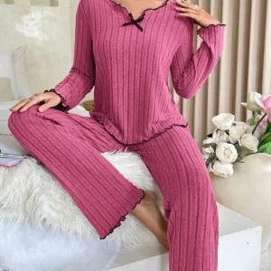 Women’s Ribbed Long Sleeve Long Pants 2-Pce Pajamas Set