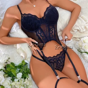 Floral Lace Garter Bra and Thong Lingerie Set