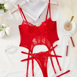 Floral Lace Garter Bra and Thong Lingerie Set