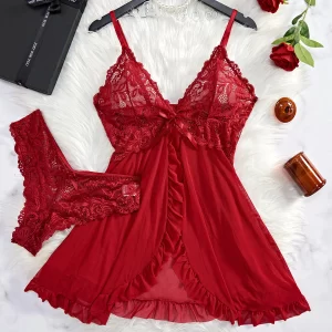 Transparent Red Sexy See Through Lace Nightdress