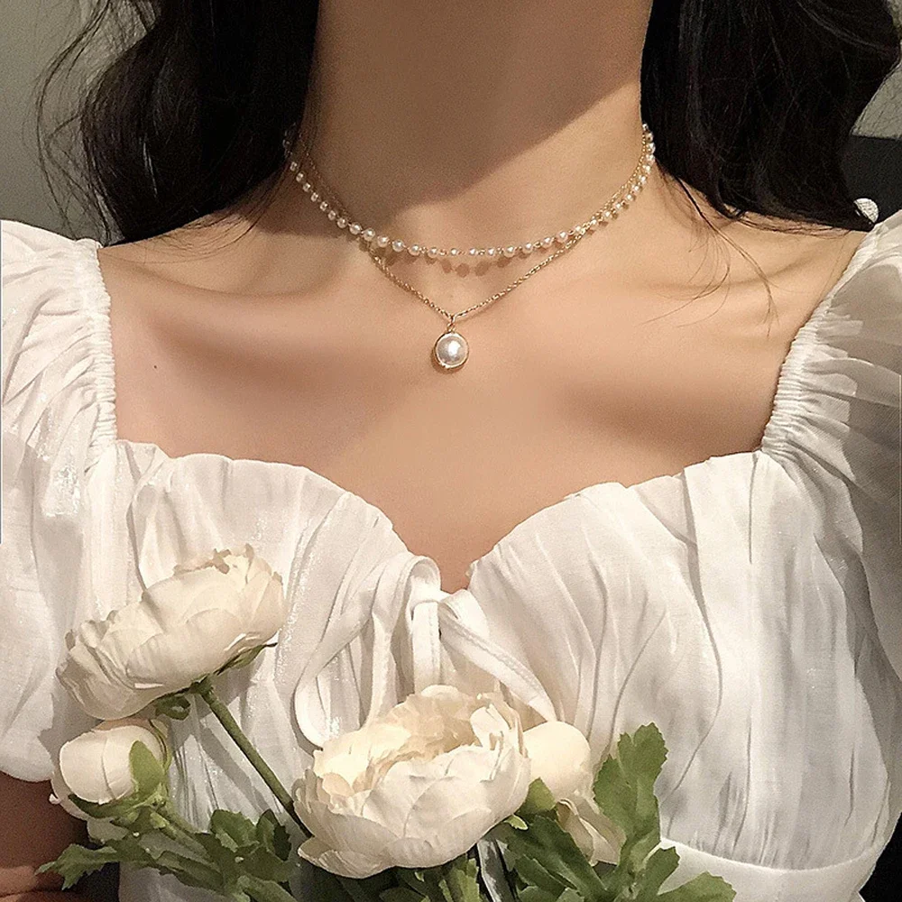 Double Layer Chain Pearl Choker Necklace