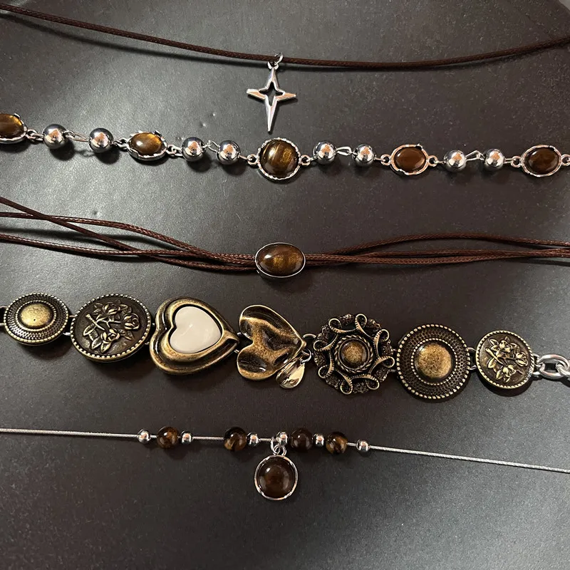 Vintage Leather Brown Stone Pendant Necklace for Women