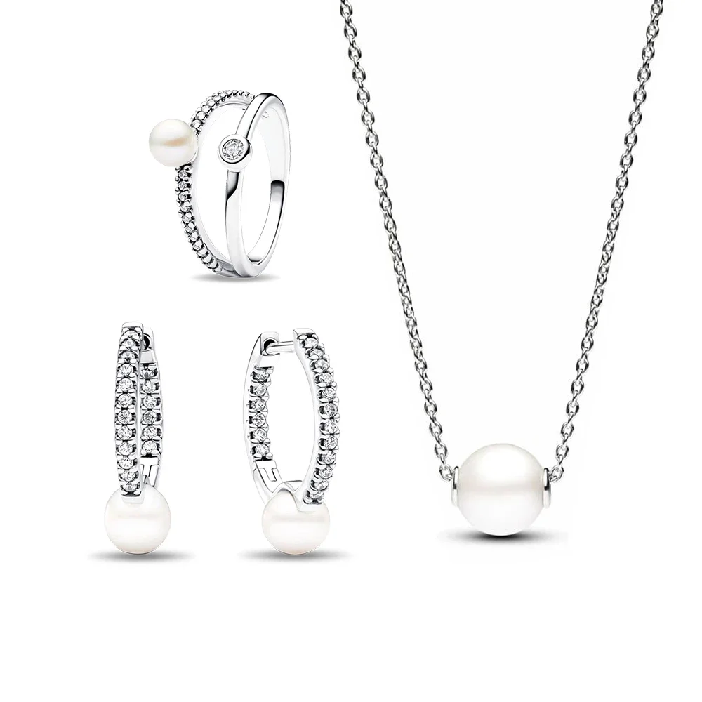 925 Sterling Silver Freshwater Pearl Ring Necklace Earrings Set